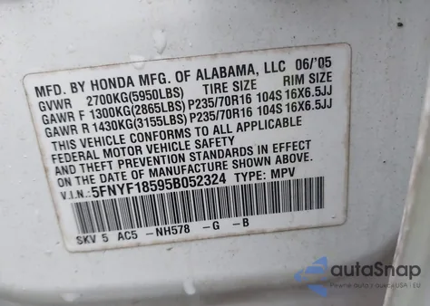 2005 Honda Pilot Ex-L из США, поврежденный, VIN 5FNYF18595B052324